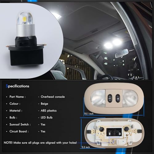 Image of LED Front Overhead Console Interior Dome Map Light w /Sunroof Switch, Tan | Compatible with Ford F150 2004-2008, Lincoln Mark LT 06-08, Replace# 7L3Z-18519A70-BA, 7L3Z-18519A70-BC