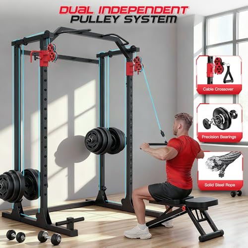 Image of OPPSDECOR Power Cage, 2000LBS Squat Rack with Dual Pulley Cable Crossover System, Multifunctional Power Rack with More Training Attachments for Home Gym, Weight Cage Fits Compact Space