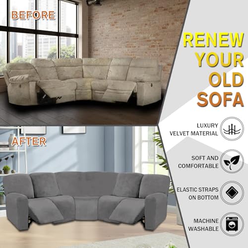 AIMENJOY Recliner Slipcover, L Shape Sectional Recliner Sofa Covers, 5 Seater Velvet Stretch Reclining Couch Covers for Reclining L Shape Sofa, Thick, Soft, Washable (Grey) - Image 6