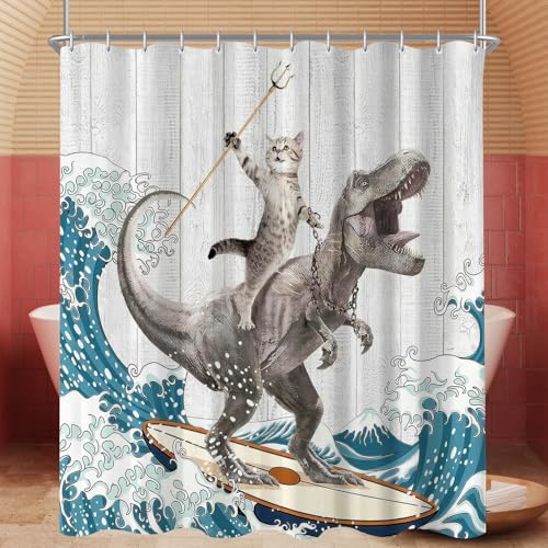 Lerores Rideau de douche, 180 x 200 cm, motif chats et dinosaures, ourlet lesté, anti-moisissure, imperméable, lavable, en polyester, avec 12 œillets et...