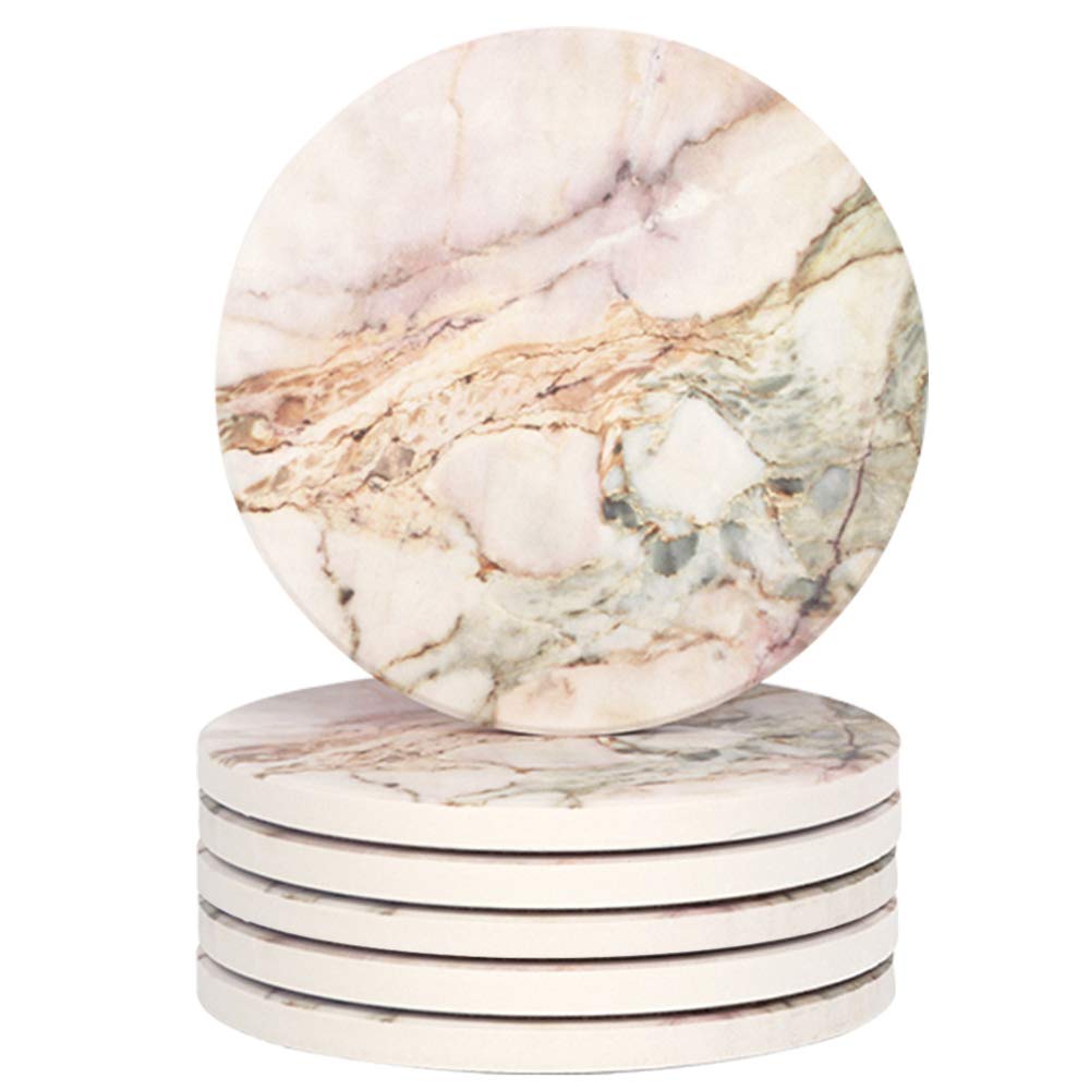 Lahome Marble Pattern Coasters - Round Drinks Absorbent Stone Coaster Set with Ceramic Stone and Cork Base for Kinds of Mugs and Cups (Pink, Set of 6)