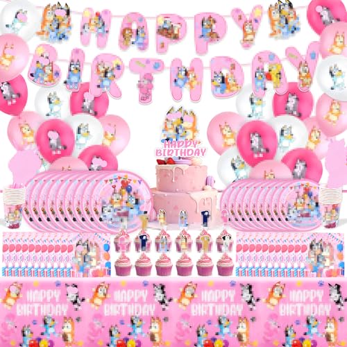 Birthday Party Decorations- 105Pcs Dog Happy Birthday Banner Balloons Pink Tableware Set Cake Topper Decorations Plates Napkins Tablecloths for Girls Cartoon Theme Party Supplies for 10 Guests