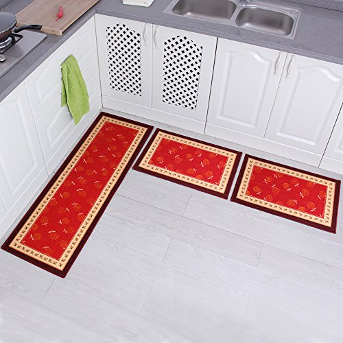 Carvapet Non-Slip Kitchen Mat Set Rubber Backing Doormat Runner Rug Set, Rose Design (Red 15