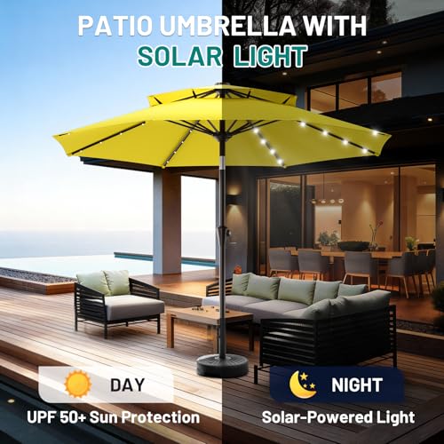 Image of AreShark 9ft 2 Tiers Patio Umbrella with Solar Lights, Outdoor Umbrella w / 32 LED Lights&8 Sturdy Ribs, Table Umbrella for Deck, Backyard, Pool(Yellow)
