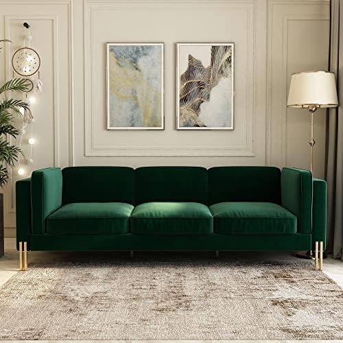 Hommoo 94" W 3 Seat Couch Mid Century Velvet Sofa with Metal Gold Legs Chesterfield with Removable Cushion Comfortable Sofa Couch for Small Apartment Living Room Bedroom Green