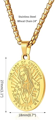 Miniatura 2 de Collar de acero inoxidable con medalla ovalada de San Benito, Cristóbal, Miguel, Juda, Jesús, Virgen de GuadalupeVirgen de Guadalupe para hombres,