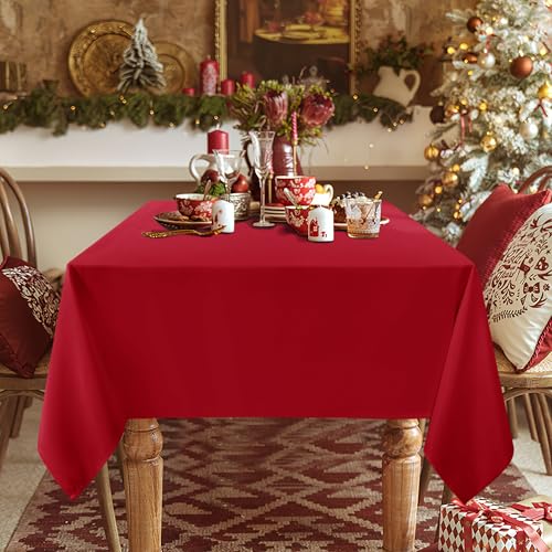 Image of sancua 2 Pack Red Tablecloth 60 x 84 Inch, Rectangle 4 Feet Christmas Table Cloth - Stain and Wrinkle Resistant Washable Polyester Table Cover for Dining Tables, Buffet Parties and Camping
