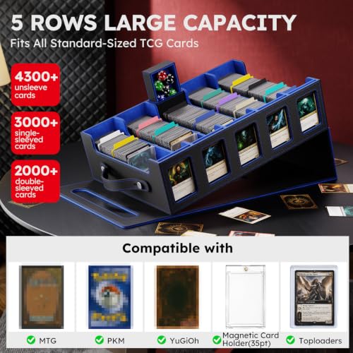 Image of Trading Card Storage Box, 4300+ MTG Deck Box with Magnetic Lid | Handle design with Commander and Toploader displays, dice box, dividers and labels for TCG, MTG, Yu-Gi-Oh! and sports cards