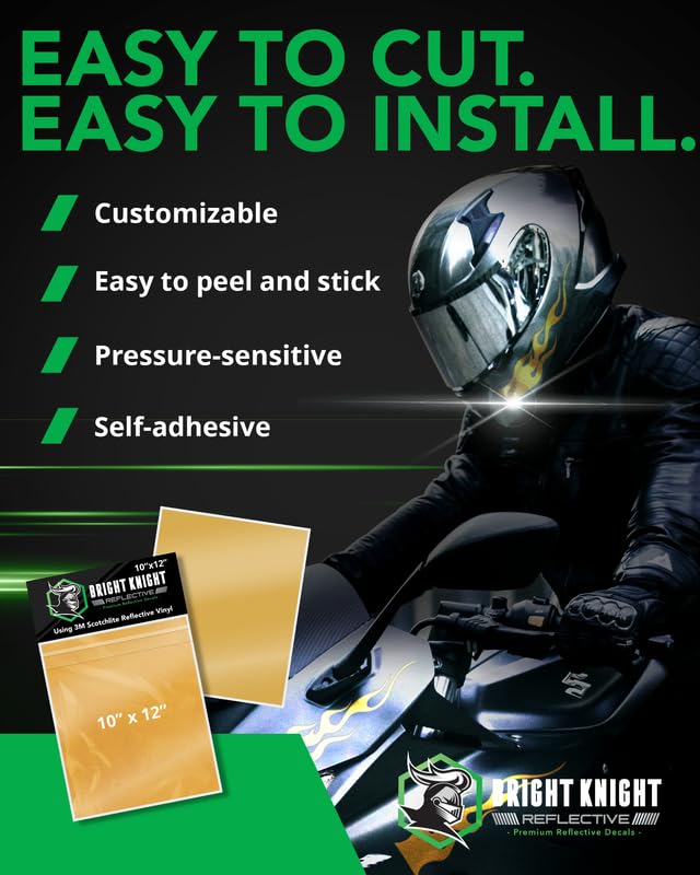 Image of Bright Knight Decals Gold 3M Reflective Tape - 10x12 Flat Sheet Vinyl Motorcycle Helmet Stickers, Waterproof Safety Vinyl Wrap, Reflective Stickers for Helmet, Hard Hats, Cars, Bikes & Rims