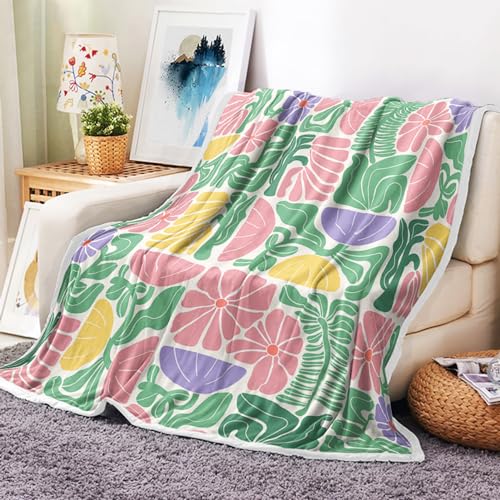 DeeCabin Boho Abstract Colorful Floral Throw Blanket, Vintage Retro Patchwork Purple Green Flower Botanical Geometric Aesthetic Groovy Flannel Throw Blanket for Chair Bed Sofa Couch, 60X80IN
