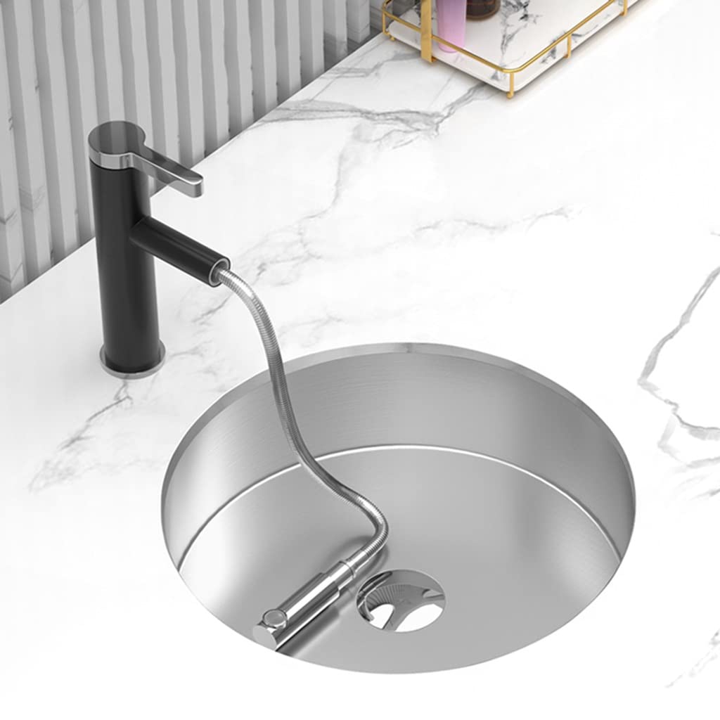 Lavello da cucina argento a vasca singola Lavello da bar con supporto superiore Lavello rotondo in acciaio inossidabile per camper con gruppo di scarico e tubo di scarico (Argento 39,5x39,5x9,5 cm)