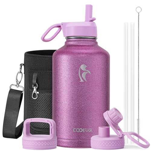 Coolflask Water Bottle Insulated with Straw & 3 Lids, Large Metal Water Jug Stainless Steel Wide Mouth for Sports, Gym or Office, Non-BPA Keep Cold 48H Hot 24H, 1.9 Liters, Glitter Pink