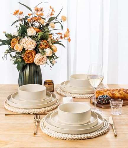 Image of TheTerra Ceramic Dinnerware Sets for 8, 24 Pieces Handmade Reactive Glaze Plates and Bowls Set, Scratch Resistant Dish Set, Oven & Microwave & Dishwasher Safe, Matte Ice Cream