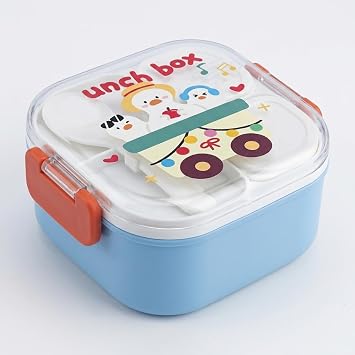 Deconox 600 ml Yemek Kabı, 4 Bölmeli Kilitli Lunch Box, Kaşık Dahil Renkli Desenli Saklama ve Taşıma Kabı, 14x14x8 cm