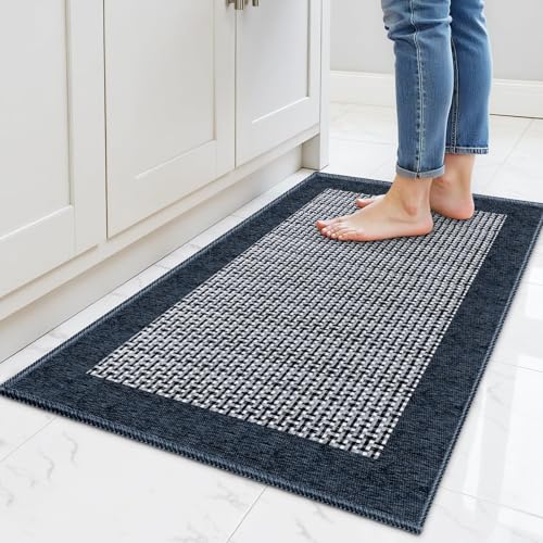 StepRite Kitchen Rugs, Kitchen Mats for Floor, 32"x20" Non-Slip Machine-Washable Kitchen Throw Rug, Navy Blue