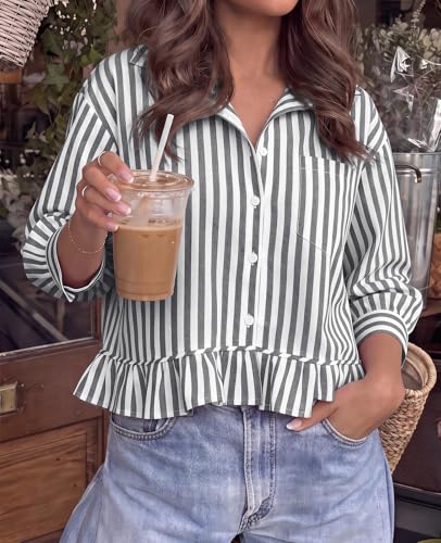PRETTYGARDEN Collared V Neck 3/4 Length Sleeve Womens Tops Casual Striped Ruffle Button Down Shirts for Women Trendy Blouses (White Black Striped, Large) — view 2