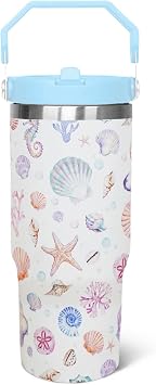 30oz Rainbow Seashells Flip Tumbler with Lid and Straw, Vacuum Insulated Coffee Travel Mug, Beach Gifts for Women Girls, Ocean Themed Home Decor