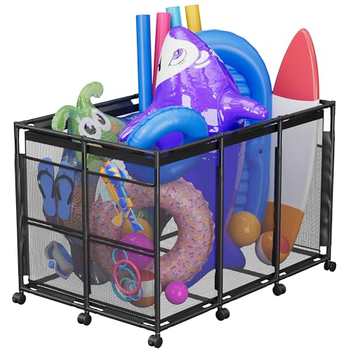 POOLHOUR Pool Float Storage – XXL Large Outdoor Pool Toy Storage Organizer for Pool Noodles, Toys, Floats, Balls,Equipment, Mesh Rolling Storage Organizer Bin, Black