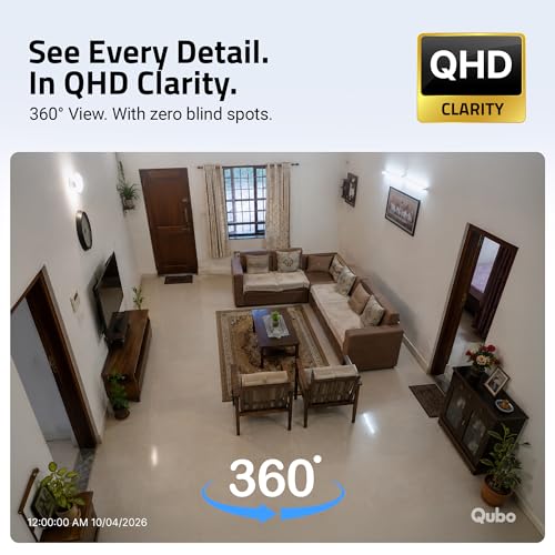 Image of Qubo Smart Cam 360 Pro 4MP by Hero Group [2026 Edition]| STQC Certified | Color Night Vision | 360 Panoramic Monitoring |App Alerts | 2-Way Talk | AI Person Detection | Cloud & SD Card Support