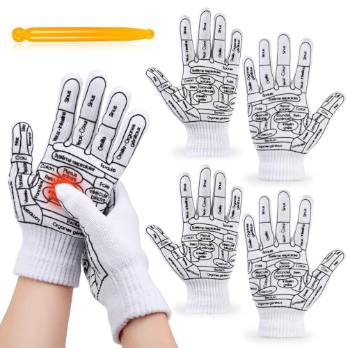 Vspek 2 Pairs Acupressure Reflexology Gloves Set Reflexology Tools Hand Massage with Point Massager with Massage Tool, Hand Spa Reflexology Gloves for Women Tired Relieve, White