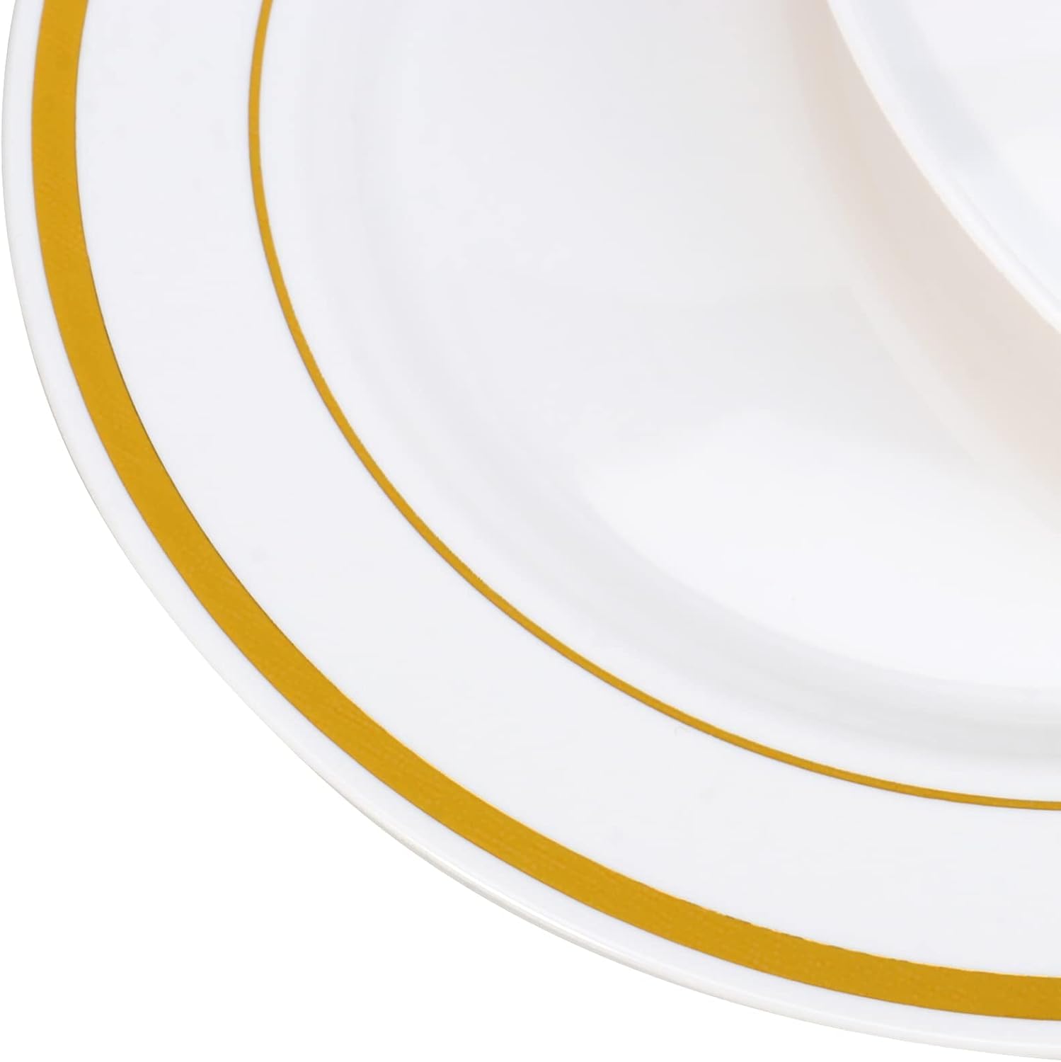 SEUNMUK Lot de 50 assiettes à manger en plastique de qualité supérieure de 18,5 cm avec bord doré, assiettes réutilisables en plastique multi-usage pour dessert, soupe, salade, mariages et fêtes
