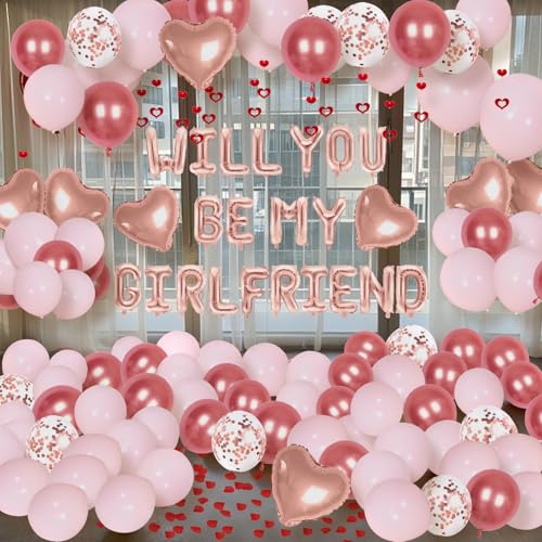 Image of Pink Will You Be My Girlfriend Balloons - Valentines Day Balloons Kit, Pink Heart Balloon with 200pcs Rose Petals, Valentines Day Romantic Decorations Special Night (WILL YOU BE MY GIRLFRIEND)