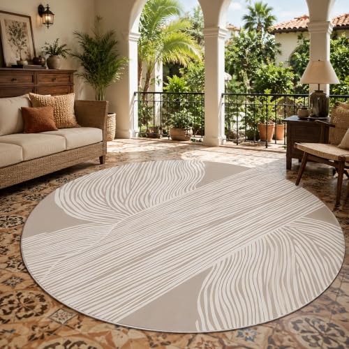 Tapis rond antidérapant lavable moderne beige blanc 100 cm