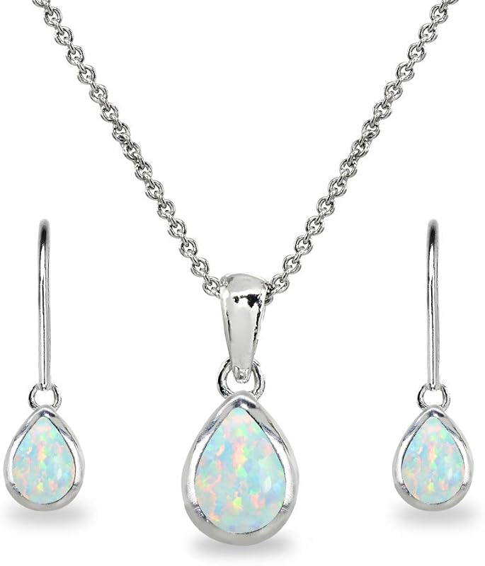 Conjuntos de joyería para mujer, juego de collar y aretes para mujer, joyería con piedra natal, gemas genuinas o sintéticas, bisel en forma de lágrima, collar con colgante, collar corto, aretes colgantes, joyería de plata de ley