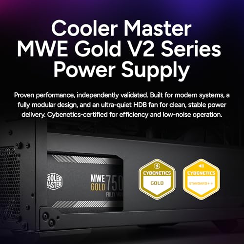Image of Cooler Master MWE Gold 750 V2 Fully Modular Power Supply - 750W 80+ Gold Certified PSU, Dual EPS Connectors, Semi-Fanless Low Noise Design, Flat Black Cables, Reliable ATX Gaming PSU, 5-Year Warranty