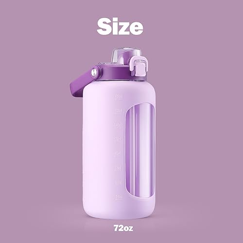 Miniatura 5 de Botella de agua de vidrio de 72 onzas con popote 2 en 1 y tapa de chug, botella de vidrio motivacional grande con marcador de capacidad y funda de