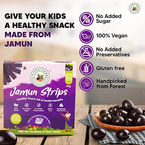 Image of Tribalveda Whole Dried Jamun Strips - Pack of 24(20gm each), Fresh Fruit, Black Plum, Jamun Bar, Healthy Mixes Chips, Dried Fruit, Rich In Dietary Fibers, Hygienically Packed (Jambu Strips)