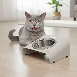 Comedouro inclina Elevado para gatos, base em Alumínio com Tigela Removível em Aço Inox, Pés Antiderrapantes (branco)