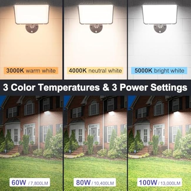 LED Flood Lights Outdoor with Dusk to Dawn Photocell, Security Lighting 100W 80W 60W Tunable, 3/4/5000K Adjustable Knuckle Mount Exterior Floodlights for Garage, Stadium, IP65 Waterproof 2 Pack