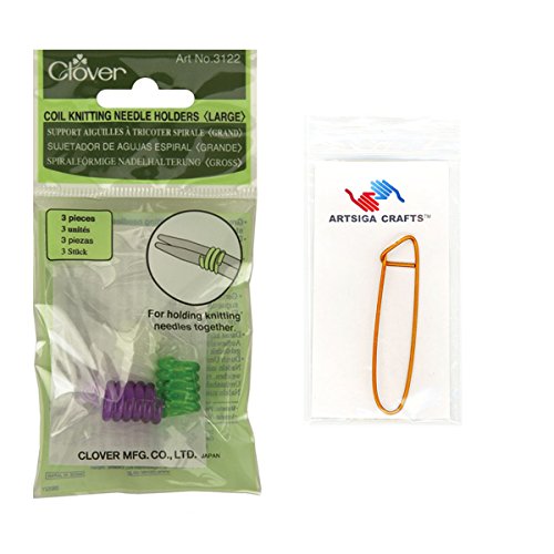 Clover Needlecraft Large Coil Knitting Needle Holders 3/Pkg Bundle with 1 Artsiga Crafts Stitch Holder 3122