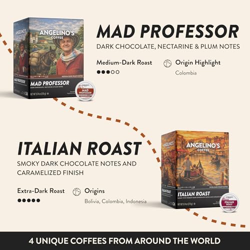 Image of Angelino's Coffee Reserve Variety Pack, 24 Count - 4 Premium Single-Origin Blends, K Cup Compatible for Keurig - Italian Roast, Mad Professor, Breakfast in Antigua & Costa Rica Volcanica