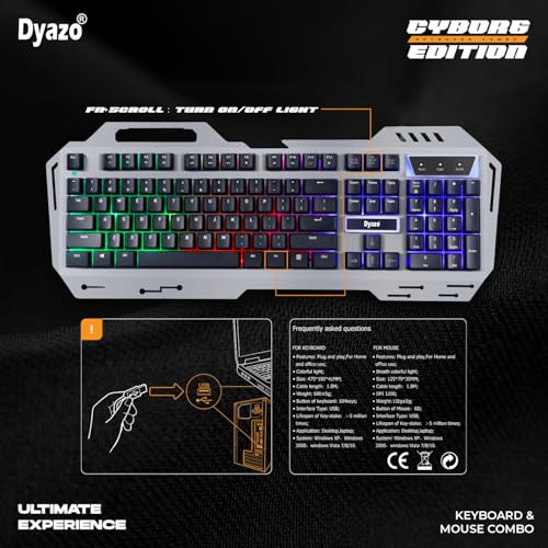 Dyazo Metal Gaming Keyboard & Mouse Combo RGB Static Light| 12 Multimedia Keys | Braided Cable 1.5 Metres (Silver) - Image 3