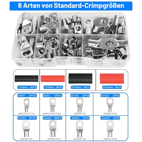 Crimpzange Kabelschuhe Set, Rohrkabelschuh Zange 6-50mm², Kabelschuh Presszange, Crimpzange Kabelschuhe 6/10/16/25/35/50 mm² mit 8 Größen 80 PCS Kupferringklemmen+80 PCS Schrumpfschläuche