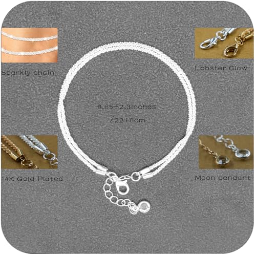 Image of 14K Gold /Silver Ankle Bracelets for Women,Dainty Layered Sparkly Chain Rhinestone Anklet,Stackable Waterproof Beach Anklets,Ajustable 8.65 inch+2.3 inch Anklets Bracelets for Women,Cute Summer foot Jewelry Gift