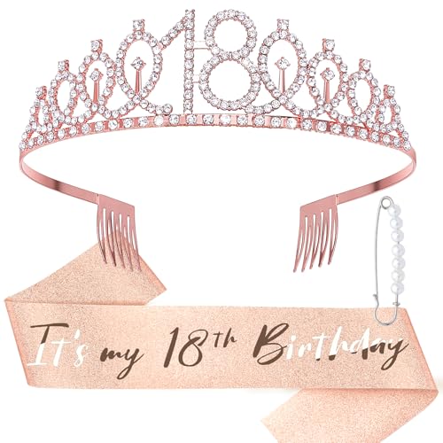 DRESHOW 18 Aniversários coroa e faixa para mulher 18 anos menina faixa e tiara festa de strass set decorações de aniversário acessórios para o cabelo purpurina