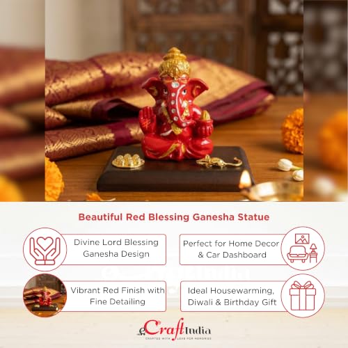 Image of eCraftIndia Red Blessing Ganesha Statue | Lord Ganesha Idol for Home Decor Car Dashboard | Ganesh Ganpati Murti Gift for Diwali Housewarming Birthday