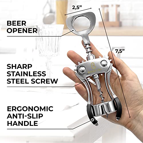 Premium Wine Opener, Wing Corkscrew - Made W/Heavy Duty Stainless Steel Screw & Zinc Alloy Body - Perfect Cork Screw To Open Wine & Beer Bottles - Great For Waiters, Bartenders, Restaurants & Home #TOP4
