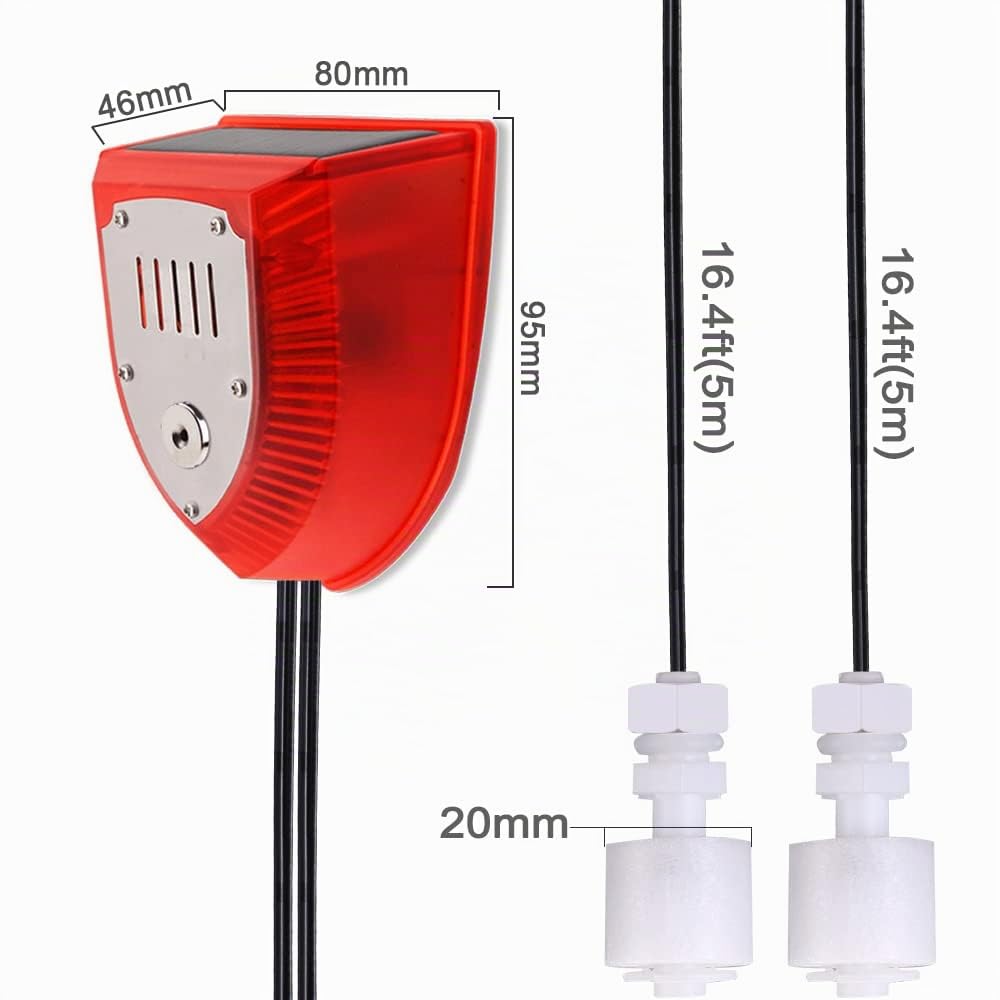 Sensor Solar de Nivel, alarmas acústicas y visuales de Nivel de Agua Alto / bajo, Volumen Ajustable de 129 dB, línea de detección de 5 m, Impermeable IP55, utilizable en Interiores y Exteriores
