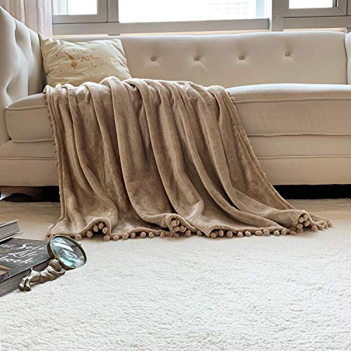 LOMAO Flannel Blanket with Pompom Fringe Lightweight Cozy Bed Blanket Soft Throw Blanket fit Couch Sofa Suitable for All Season (128x158) (Khaki)