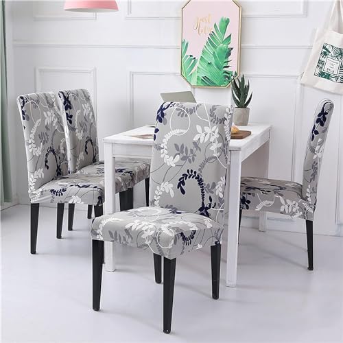 Image of Styleys Chair Covers for Dining Room, Stretch Dining Chair Cover, Washable Spandex Kitchen Chair Slipcovers (Set of 4, Leaves Grey, SD3213)