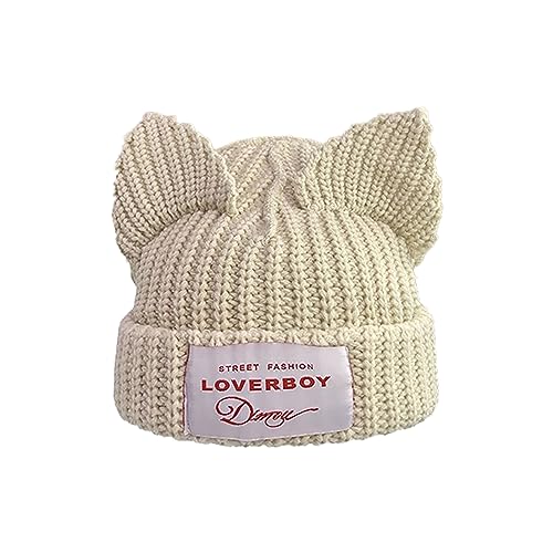 Gorro con orejas de gato, lindo gorro de lana de punto, gorro de ganchillo holgado cálido, Beige, M-L