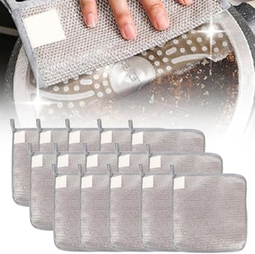 15 Pcs Trapos de Limpieza de Alambre Multiusos, Paños de Esponja para Fregar Tres Capas de Trapo Espesante en Seco y Húmedo, Multipurpose Wire Dishwashing Rag, Reusable Hanging Wire Dishwashing Rags