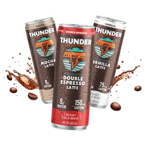 Thunder CoffeeMilk - 11 oz Aussie Style Cold-Brewed Latte Canned Coffee, Iced Coffee Cans for Grab &amp; Go, Natural Protein-Rich 75-150mg Caffeine Energy Drink in Handy Cold Brew Cans, 12 Variety Pack