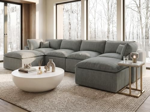 Image of COSIEST 139'' Boneless Sectional Couch, Modular Sectional Sofa with Ottoman, 6 Seater U Shaped Cloud Couch for Living Room, Grey
