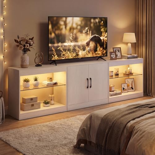 Giantex 77 Modular LED TV Stand for 85 Inch TV Modern Entertainment Center with Power Outlets 16-Color Lights with Remote Adjustable Glass Shelves Media TV Table for Living Room Bedroom (White)