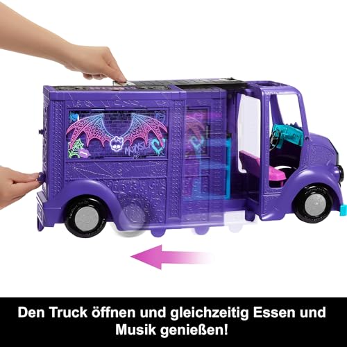 Monster High Draculaura-Puppe und Spielset, Fangtastic Food-Truck mit ausklappbarer Bühne und über 13 passenden Küchen- und Musikzubehörteilen, HXH83